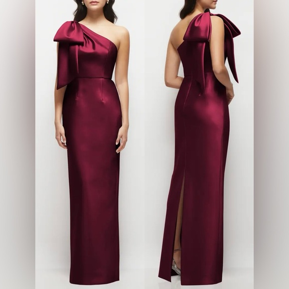 ALFRED SUNG Dresses & Skirts - NEW Alfred Sung Bow Detail One-Shoulder Satin Twill Column Gown Sz 12 Cabernet